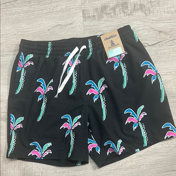 Chubbies Black and Pink Swim Trunks with Tropical Flair